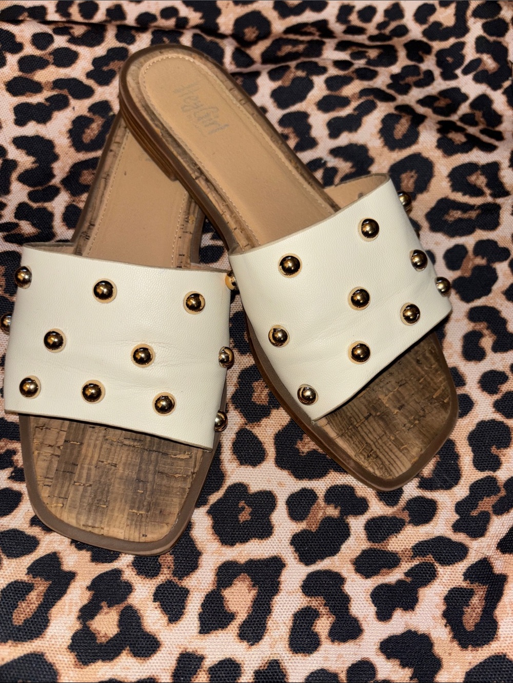 Corkys White Slide Sandals with Gold Studs